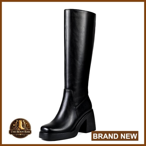 Square Toe Knee High Boots Chunky Heel Platform Equestrian Style Side Zipper